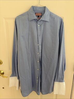 PINK Victoria's Secret Light Blue Pinstripe Men's Dress Shirt with White Cuffs